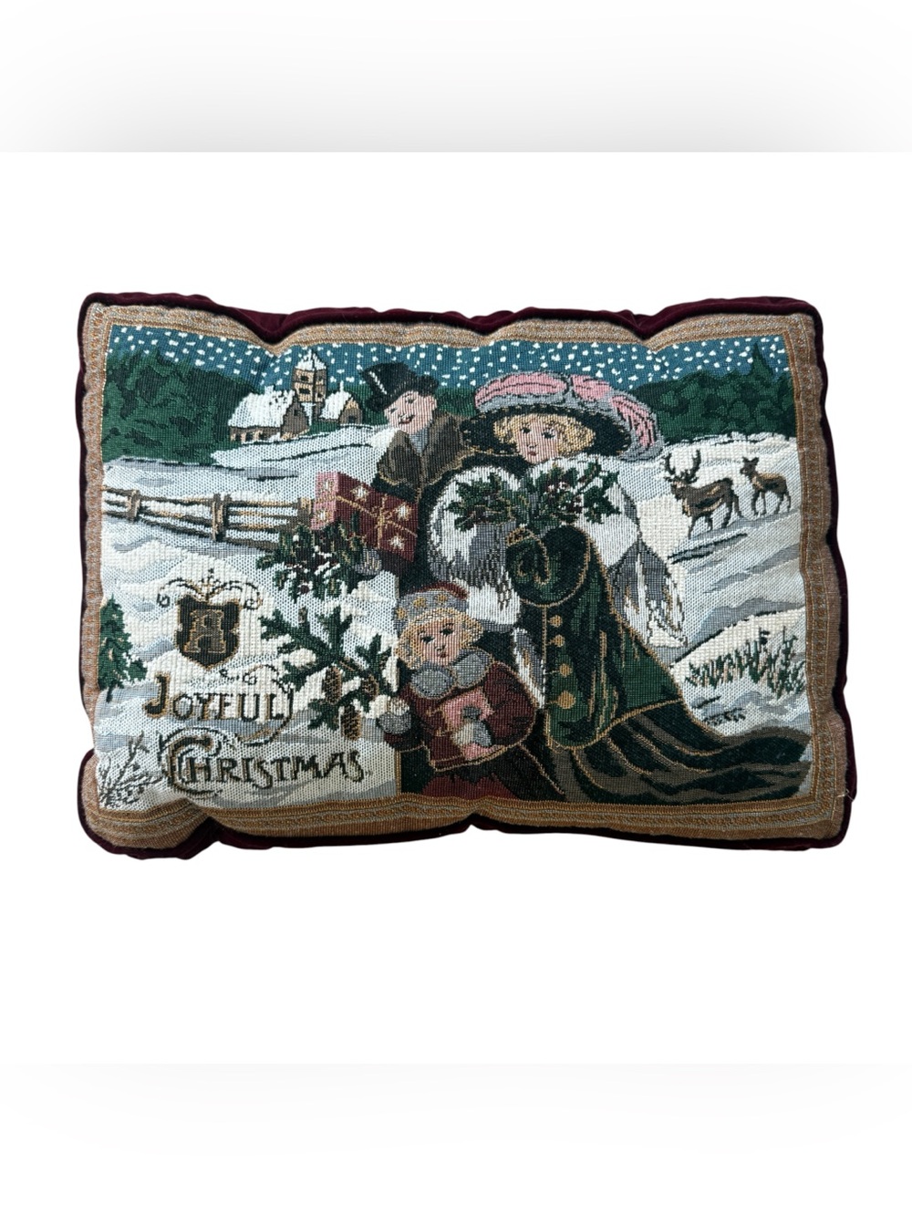 A Joyful Christmas Carolers Tapestry Pillow Burgundy Velvet Traditional Homeware